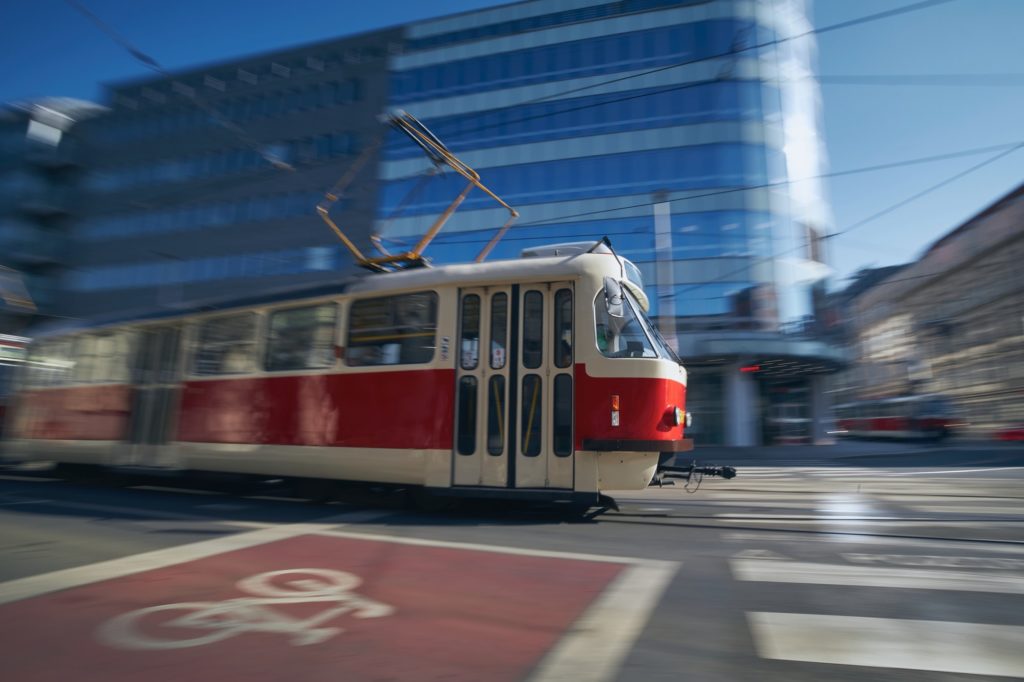 Tram of public transportation in blurred motion